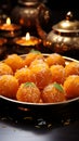 Saffron spheres Indian motichoor laddoo, a sweet embodiment of rich flavors Royalty Free Stock Photo