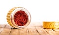 Saffron spice tea crop in a traditional box Royalty Free Stock Photo