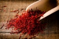 Saffron threads with spice shovel on wooden background Royalty Free Stock Photo