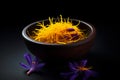 Saffron, yellow stamens and purple blue flowers on a black background, famous Asian spice, seasoning, close-up. Royalty Free Stock Photo