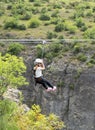 Safranbolu, Karabuk/Turkey-June 30 2019: Tourist sliding on a zip line in Incekaya Canyon just near Kristal Cam Teras