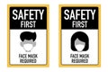 Safty first face masks required signage vector design concept. After the Coronavirus or Covid-19 causing the way of life of humans