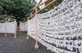 Saga, Japan - Nov. 12, 2018: Japanese random fortune telling paper Omikuji folded and tied on rope wires Omikuji kake in