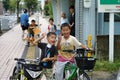 Saga, Japan:September 1,2018 - Portrait group of Japanese boys with their bicycles after school. Liefstyle of Japanese children in