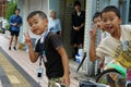 Saga, Japan:September 1,2018 - Portrait group of Japanese boys with their bicycles after school. Liefstyle of Japanese children in