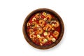 saganaki with shrimp, in a clay pan, Greek dish, shrimp in tomato sauce, feta cheese, homemade, no people, on a white