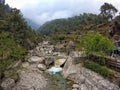 Sagarmatha National Park, Nepal - May 2019: Beautiful river with rocks crossing a small village in Nepal during the trek to EBC