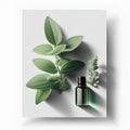 Sage essential oil in a bottle with fresh sage leaves on a white background.