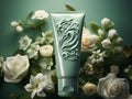 sage green cream tube on neutral green background with flowers, space for text, aesthetic cosmetic or pharmaceutical product