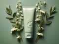 sage green cream tube on neutral green background with flowers, space for text, aesthetic cosmetic or pharmaceutical product