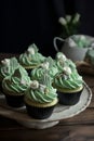 Sage green cupcake beautifully accentuated by a cream swirl. Generative AI