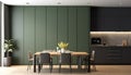 Sage green wall partition with white baseboard on parquet and table with chairs in middle of the room Royalty Free Stock Photo