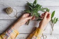 Sage leaf bundle in hands, hemp string and scissors on old wooden table Royalty Free Stock Photo