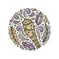 Sage smudge stick. Cartoon bunch of plants with jets of smoke, bird feathers and amethyst crystals. Round doodle template for