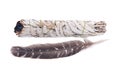 Sage smudge stick with grade A barred turkey smudging feather Royalty Free Stock Photo