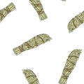 Sage smudge sticks hand-drawn boho seamless pattern. Mugwort herb bundle texture background