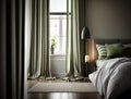 Sage and striped curtains in a contemporary bedroom. Generative AI