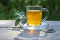 Sage tea in a glass mug on a wooden table, healthy hot drink and home remedy for coughs, sore throat, digestive problems,