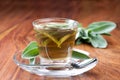 Sage tea in transparent teacup, with fresh leaf around, Royalty Free Stock Photo
