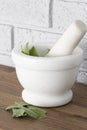 Sage in a white granite pestle and mortar. With grey brick background Royalty Free Stock Photo