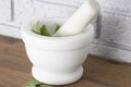 Sage in a white granite pestle and mortar. With grey brick background Royalty Free Stock Photo