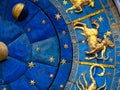Sagittarius astrological sign on ancient clock. Detail of Zodiac wheel with Sagittarius Royalty Free Stock Photo
