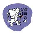 Sagittarius Astrological Zodiac sign with cute cat character. Cat zodiac icon. Baby shower or birthday greeting card