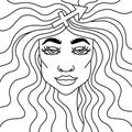 Sagittarius girl black and white portrait. Zodiac sign adult coloring book. Vector illustration.