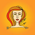 Sagittarius girl portrait. Zodiac fire sign. Doodle vector illustration.