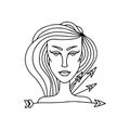 Sagittarius girl portrait. Zodiac sign for adult coloring book. Simple black and white vector illustration.