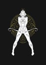 Sagittarius woman goddess mythology horoscope line art deco contoured silhouette vector Royalty Free Stock Photo