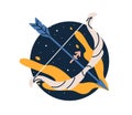 Sagittarius, zodiac sign. Arch, bow and arrow, astrology horoscope symbol. Archer, sky star, esoteric sticker, icon Royalty Free Stock Photo