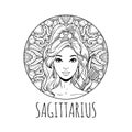 Sagittarius zodiac sign artwork, adult coloring book page, beautiful horoscope symbol girl, vector illustration Royalty Free Stock Photo