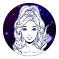 Sagittarius zodiac sign artwork, beautiful girl face, horoscope symbol, star sign, vector illustration Royalty Free Stock Photo