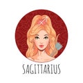 Sagittarius zodiac sign artwork, beautiful girl face, horoscope symbol, star sign, vector illustration Royalty Free Stock Photo