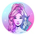 Sagittarius zodiac sign artwork, beautiful girl face, horoscope symbol, star sign, vector illustration Royalty Free Stock Photo