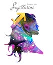 Sagittarius zodiac sign. Beautiful girl silhouette. Watercolor illustration. Horoscope series