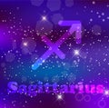 Sagittarius Zodiac sign on a cosmic purple background with sparkling stars and nebula Royalty Free Stock Photo