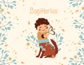 Sagittarius zodiac sign. Cute Banner with Sagittarius, stars, flowers, and leaves. Astrological sign of the zodiac Royalty Free Stock Photo