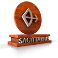 Sagittarius zodiac sign. 3D illustration of the zodiac sign Sagittarius made of stone on a wooden stand with the name of the sign Royalty Free Stock Photo