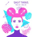 Sagittarius zodiac sign. Girl vector illustration. Astrology zodiac profile. Astrological sign as a beautiful women. Future Royalty Free Stock Photo