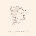 Sagittarius zodiac sign. One line drawing. Astrological icon with abstract woman face. Mystery and esoteric outline logo Royalty Free Stock Photo