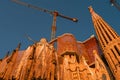 Sagrada Familiar Catholic Cathedral at bloody sunset during construction in Barcelona, Spain, cityscape, closeup