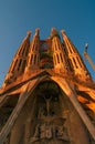 Sagrada Familiar Catholic Cathedral at bloody sunset during construction in Barcelona, Spain, cityscape, closeup