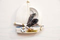 Sagre`s souvenir: sail boat with a seagull. Portugal Royalty Free Stock Photo