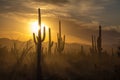Saguaro Cactus silhouettes against golden sunset skies, Tucson, AZ Royalty Free Stock Photo