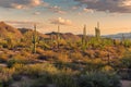 Saguaros at sunset in Sonoran Desert near Phoenix.