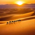 Sahara Desert Dunes and Camel Train at Sunrise Royalty Free Stock Photo