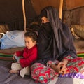 Sahara Desert, Morocco - August 2019: Tuareg nomadic family resting in tent in Sahara Desert, Morocco