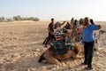 06.11.23 Sahara, Tunisia: Group of tourist ride on camels at sunset in Sahara Desert Tunisia.